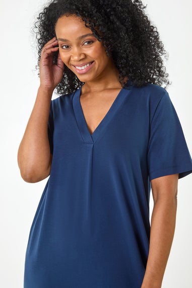 Roman Navy Petite V Neck Stretch Midi Dress