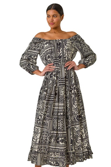 Roman Black Abstract Print Shirred Midi Dress