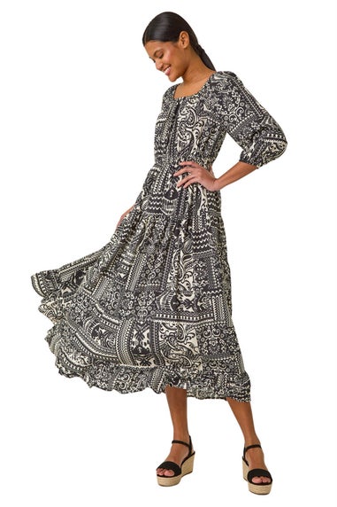 Roman Black Abstract Print Shirred Midi Dress