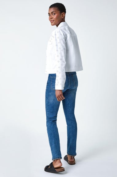Roman White Cotton Blend Broderie Sleeve Jacket