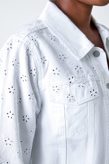 Roman White Cotton Blend Broderie Sleeve Jacket