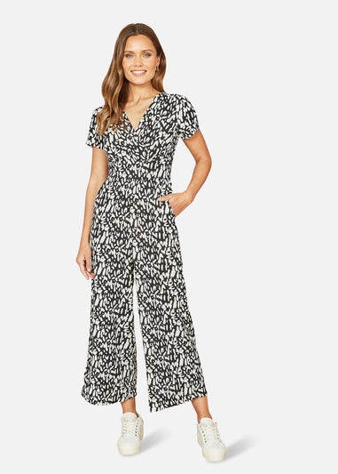 Yumi Black And White Wrap Over Stretch Jumpsuit