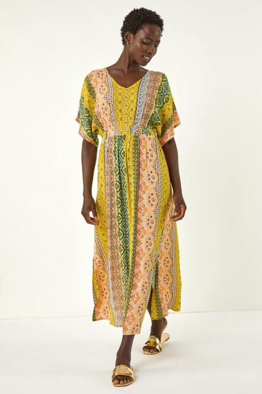 Roman Yellow Boho Stripe V Neck Maxi Dress