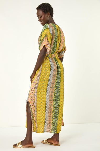 Roman Yellow Boho Stripe V Neck Maxi Dress