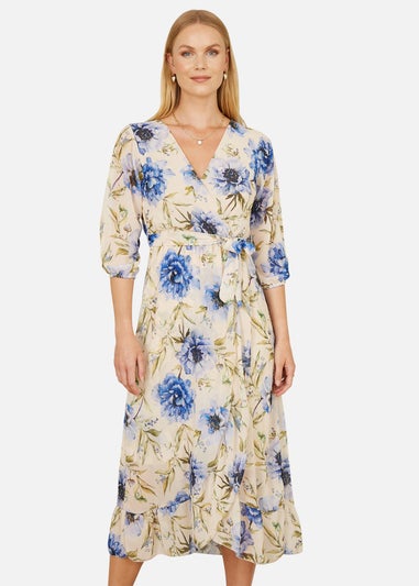 Yumi Cream Vintage Floral Wrap Midi Dress With Frill