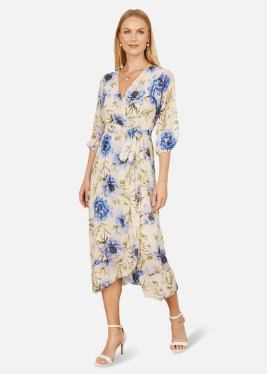 Yumi Cream Vintage Floral Wrap Midi Dress With Frill