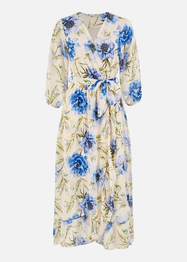 Yumi Cream Vintage Floral Wrap Midi Dress With Frill