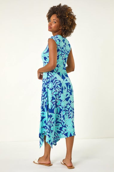 Roman Royal Blue Floral Puff Print Stretch Maxi Dress