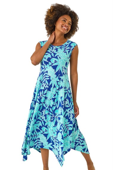 Roman Royal Blue Floral Puff Print Stretch Maxi Dress