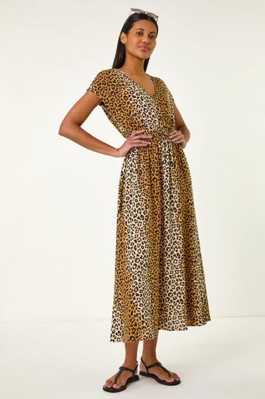 Roman Camel Animal Print Shirred Waist Maxi Dress