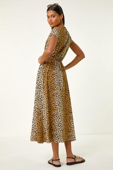 Roman Camel Animal Print Shirred Waist Maxi Dress