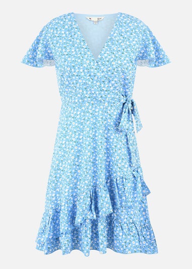 Yumi Blue Ditsy Floral Wrap Frill Dress