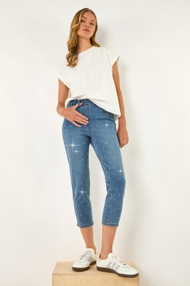 Roman Denim Embellished Cropped Stretch Jeggings