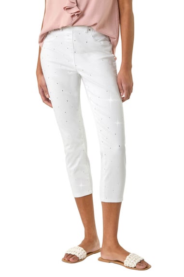 Roman White Embellished Cropped Stretch Jeggings