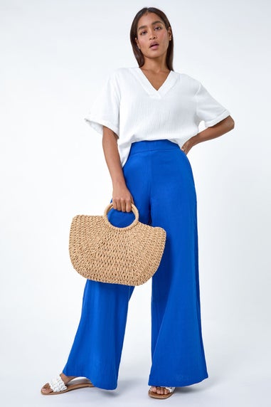 Roman Royal Blue Linen Blend Elastic Waist Wide Leg Trousers