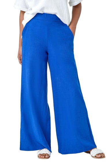 Roman Royal Blue Linen Blend Elastic Waist Wide Leg Trousers