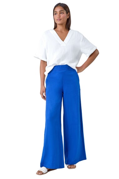 Roman Royal Blue Linen Blend Elastic Waist Wide Leg Trousers