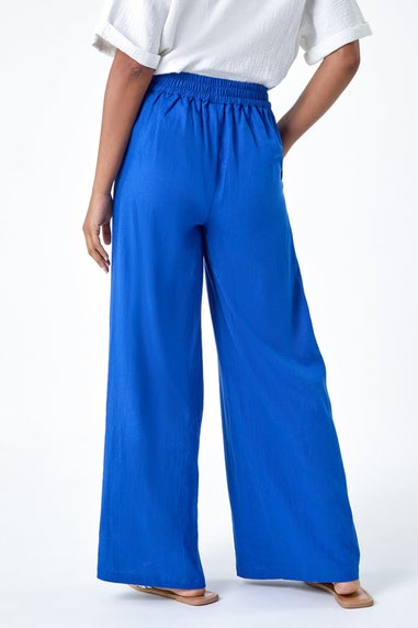 Roman Royal Blue Linen Blend Elastic Waist Wide Leg Trousers