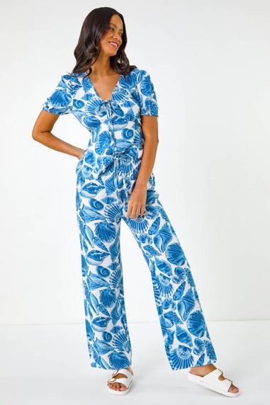 Dusk Blue Dusk Shell Print Wide Leg Trousers
