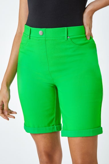 Roman Green Elastic Waist Turn Up Stretch Shorts