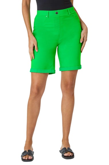 Roman Green Elastic Waist Turn Up Stretch Shorts