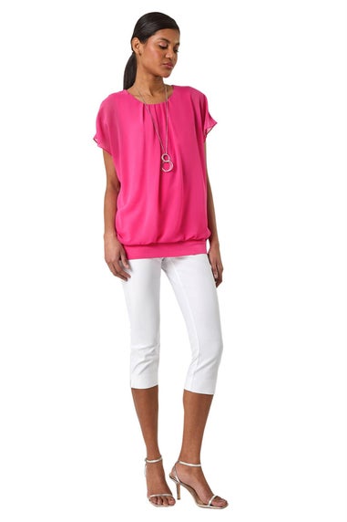 Roman Candy Pink Chiffon Jersey Blouson Top With Necklace