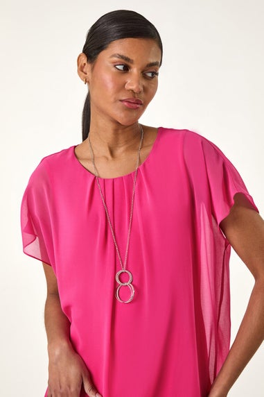 Roman Candy Pink Chiffon Jersey Blouson Top With Necklace