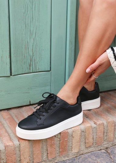 Linzi Jersey Black Faux Leather Lace Up Flatform Trainers