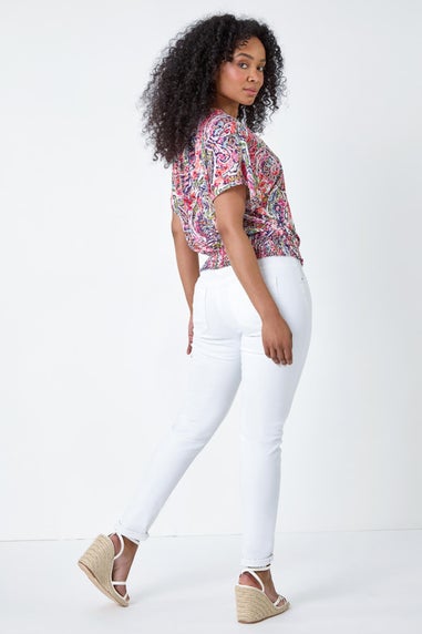Roman Pink Petite Paisley Shirred Hem Stretch Top