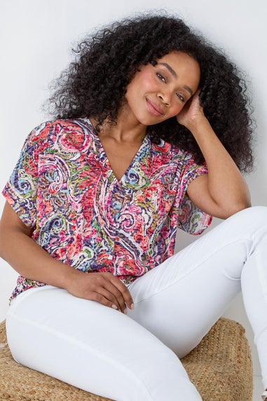 Roman Pink Petite Paisley Shirred Hem Stretch Top