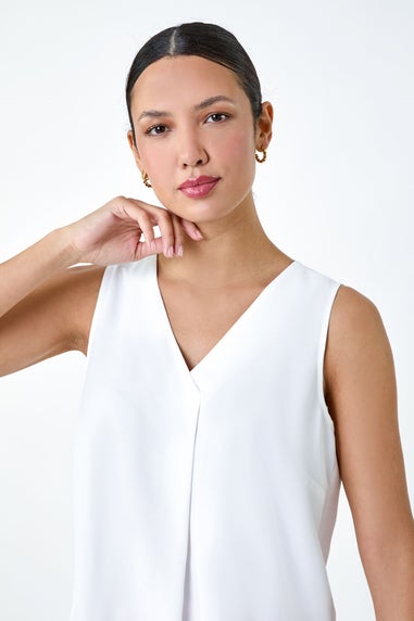 Roman Ivory V Neck Sleeveless Pleat Chiffon Vest Top