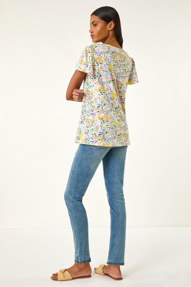 Roman White Floral Print Ruffle V Neck Top