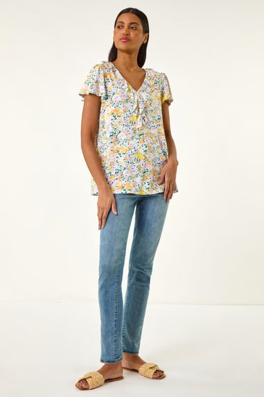 Roman White Floral Print Ruffle V Neck Top