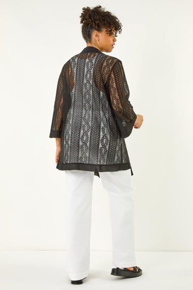 Roman Black Curve Crochet Knit Cardigan