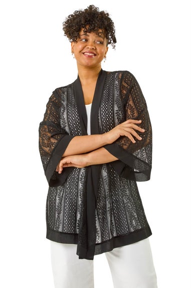 Roman Black Curve Crochet Knit Cardigan