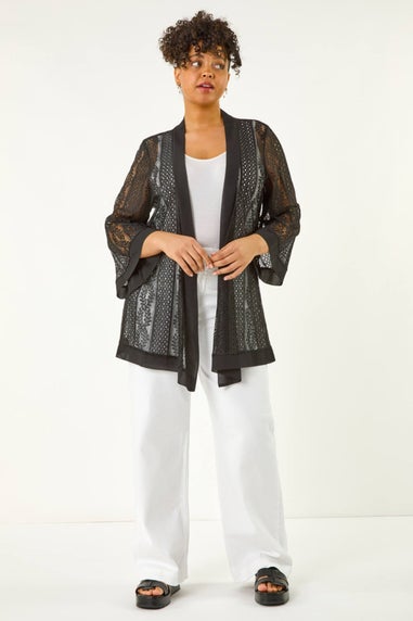 Roman Black Curve Crochet Knit Cardigan