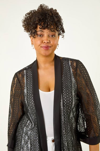 Roman Black Curve Crochet Knit Cardigan