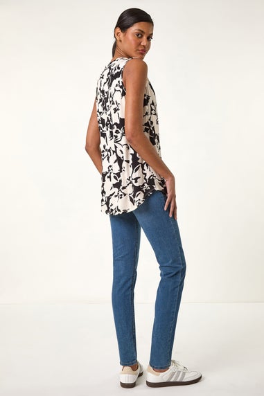 Roman Black Floral Print V Neck Vest Top