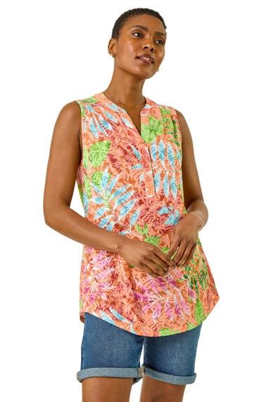 Roman Orange Burnout Leaf Print Vest Top
