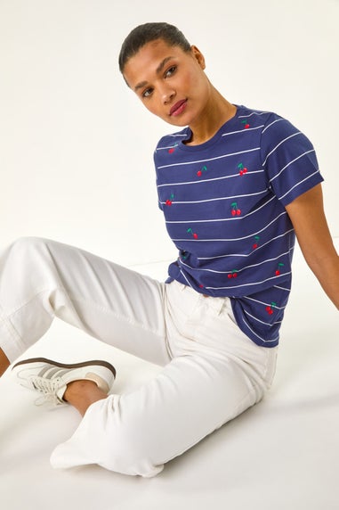 Roman Navy Embroidered Cherry Cotton Tee