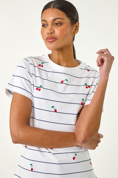 Roman Ivory Cherry Embroidered Stripe T Shirt