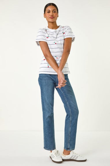 Roman Ivory Cherry Embroidered Stripe T Shirt