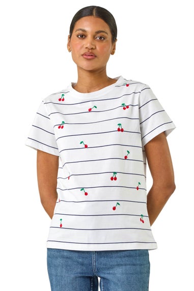 Roman Ivory Cherry Embroidered Stripe T Shirt