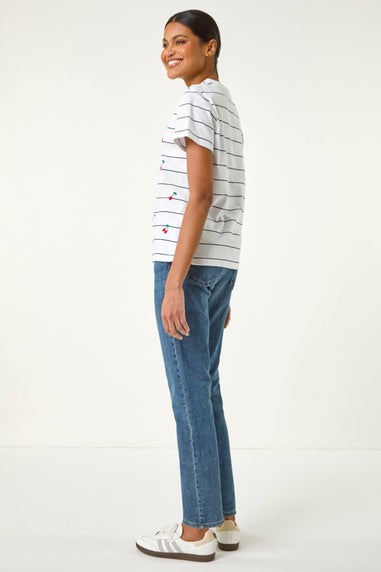 Roman Ivory Cherry Embroidered Stripe T Shirt