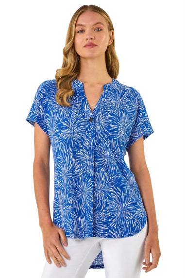 Roman Royal Blue Abstract Print V Neck Stretch Top