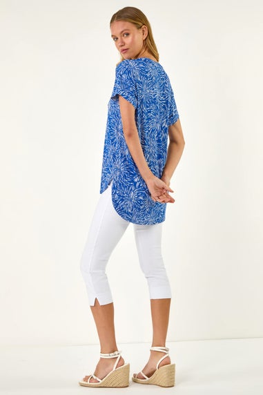 Roman Royal Blue Abstract Print V Neck Stretch Top