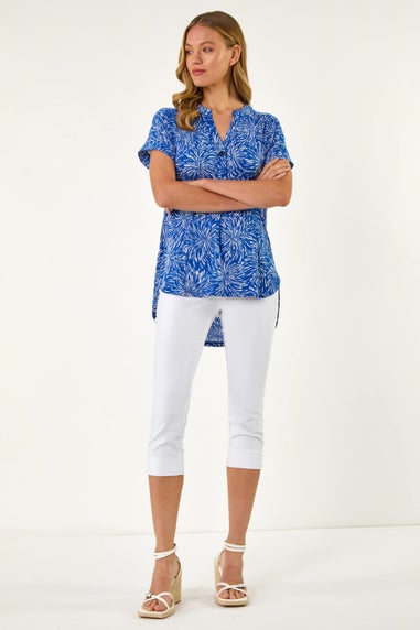 Roman Royal Blue Abstract Print V Neck Stretch Top