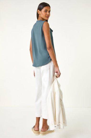 Roman Light Denim Ruffle V Neck Vest Top