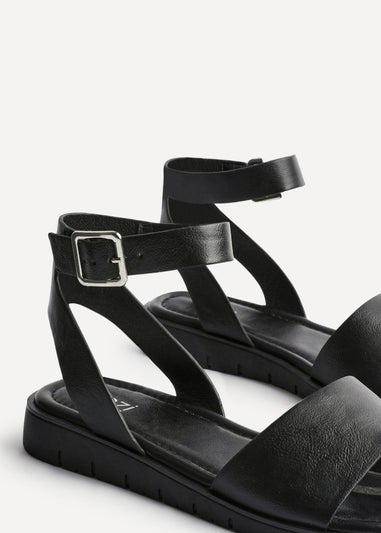 Linzi Denia Wide Fit Black Faux Leather Footbed Two Part Sandal
