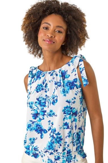 Roman Blue Floral Print Bow Detail Stretch Top